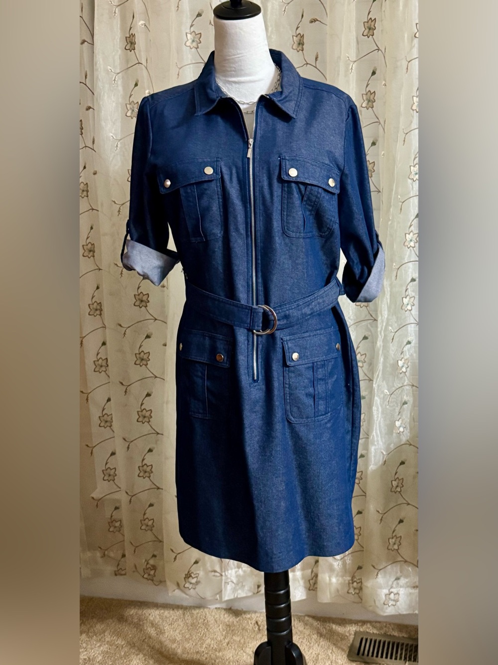 Adorable Dark Blue Denim Shirt Dress with Belt by Sharagan size is a 14